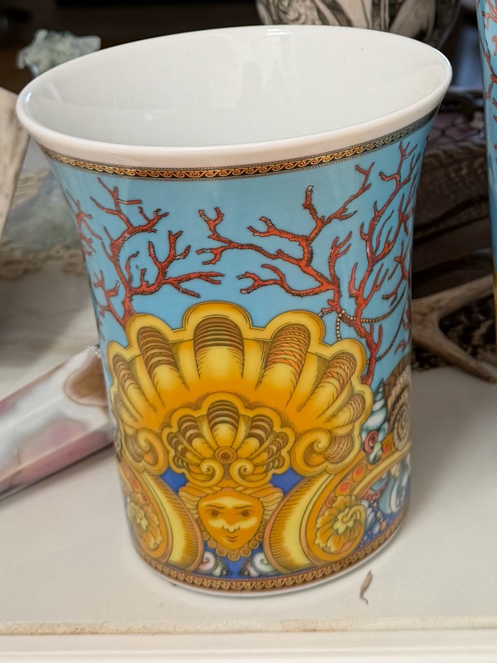 Versace Home Blue and Yellow Shell Motif Porcelain Tumbler